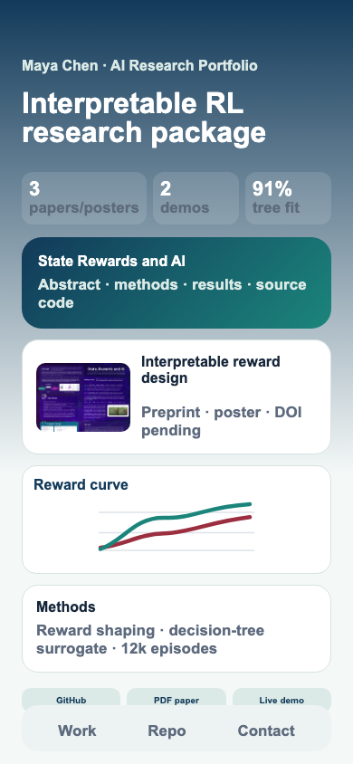 Student portfolio website showcasing AI research, reinforcement learning, and decision tree projects